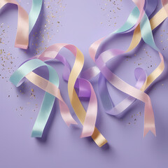 Floating Pastel Glitter Ribbons on Lavender Background  