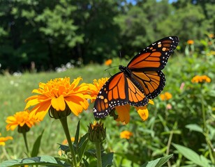 Obraz premium Monarch butterfly on bright yellow flowers