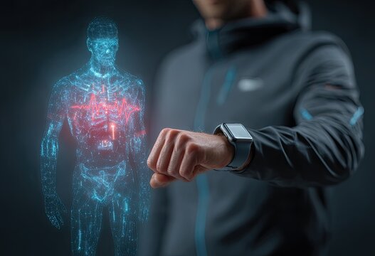 Person wearing smart watch with holographic heart