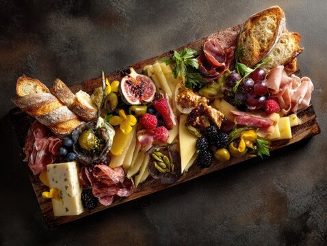 Assorted cheeses, cured meats, and breads arranged on a wooden board - Powered by Adobe
