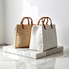 Folded Tote Bags Mockup with Woven Handles on Marble Platform 