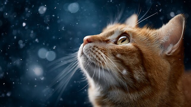 Ginger cat gazes upward, eyes wide with wonder in a snowy, dark blue, bokeh-filled scene