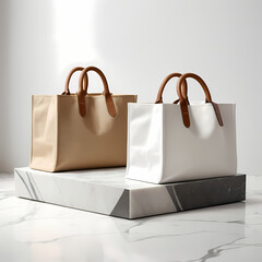 Folded Tote Bags Mockup with Woven Handles on Marble Platform 
