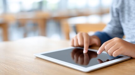 Child interacting with touchscreen tablet on wooden table, showcasing modern technology and engagement in digital learning environment