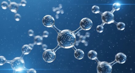 Transparent molecular structures float in a deep blue background, representing chemistry, nanotechnology, and futuristic scientific visualization.