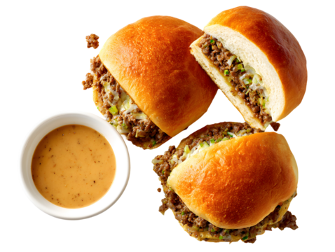 Sloppy Joe beef sliders with melted cheese on soft buns, served with a creamy dip. A fun, isolated shot perfect for party appetizers and casual menus.