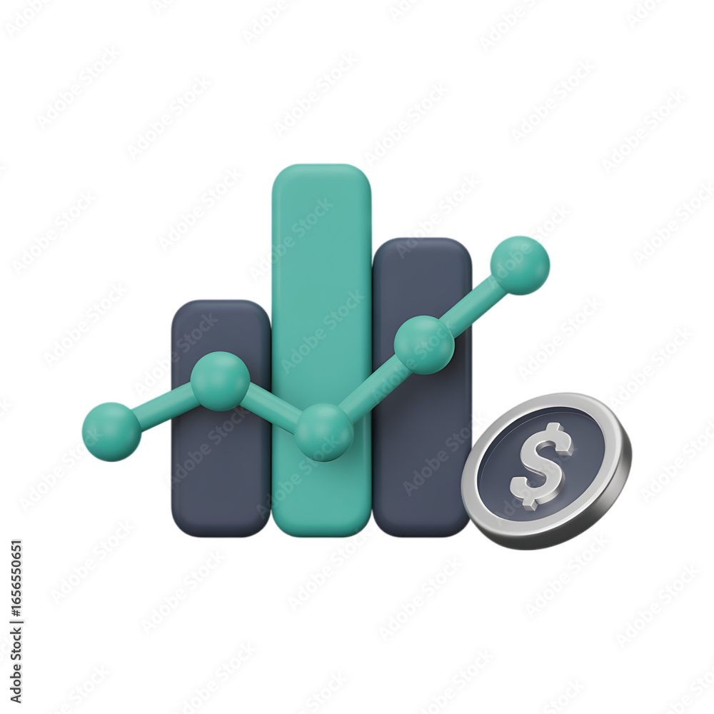 Poster 3d render of a bar graph with upward trend and a coin.
