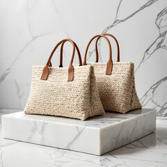 Folded Tote Bags Mockup with Woven Handles on Marble Platform 