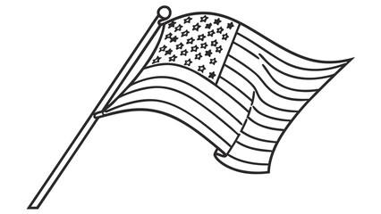 Illustration of a waving american flag with stars and stripes in black and white outline style design