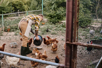 Modern farmer caring for chickens in a picturesque rural setting surrounded by nature