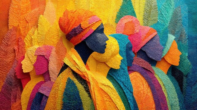 Colorful Textured Crowd of People, Abstract Faces in Vivid Colors