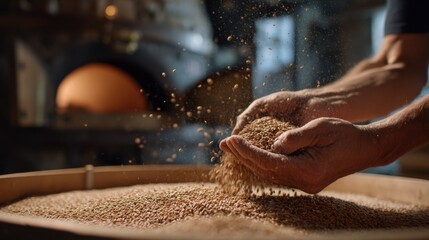 Focused medium shot of hands gently pouring spelt grains into a vintage flour mill set beside a softly outoffocus pizza oven emphasizing artisanal hyperlocal grain processing.