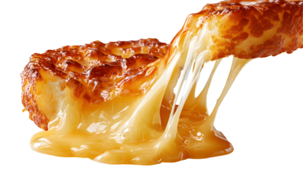 An incredible cheese pull from a crispy, golden-fried, cheese-stuffed onion ring. An ultimate gooey appetizer, isolated for social media and bar menus.