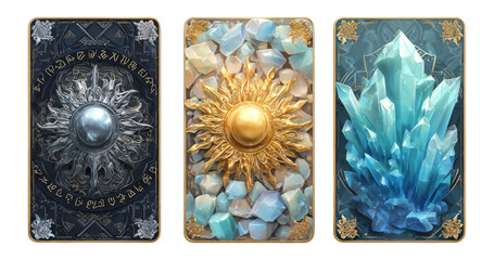 Fantasy Tarot Cards with Crystals and Celestial Designs Isolated