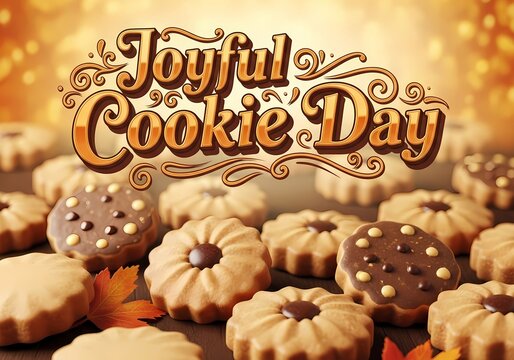 Joyful cookie day celebration with assorted festive cookies and autumn leaves for holiday design