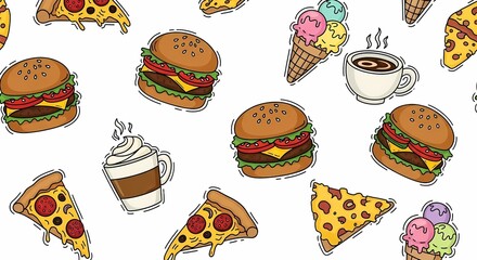 A vibrant, cartoon-style pattern featuring a variety of popular fast food items including slices of pepperoni pizza, juicy cheeseburgers, steaming cups of co...