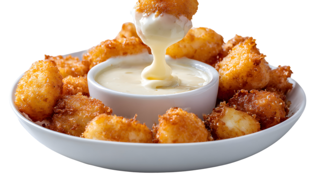 A golden-fried cheese curd being dipped into a warm, creamy cheese sauce. This classic, isolated appetizer is a perfect shareable snack for any bar menu.