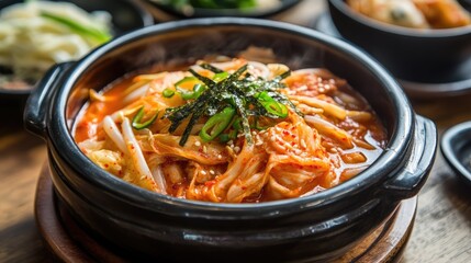 A traditional Korean clay pot holding spicy kimchi udon, thick noodles soaking in flavorful broth with vegetables
