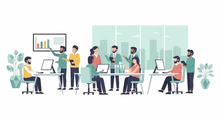 A diverse team of professionals collaborating and presenting data in a modern office environment with city skyline views.