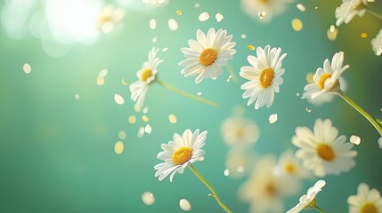 Bright daisies cascading down in slow motion on a pastel green background, symbolizing joy and simplicity