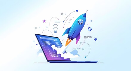 A blue rocket launching from an open laptop screen, symbolizing startup, innovation, and digital progress with abstract elements.