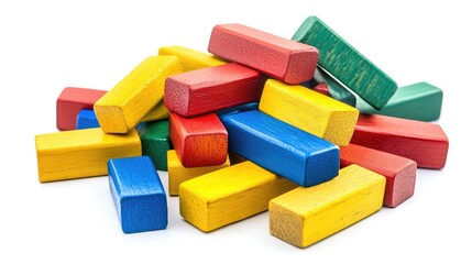 Bright primary-colored wooden blocks scattered randomly, isolated on white background, ideal for kids' toy or learning concept