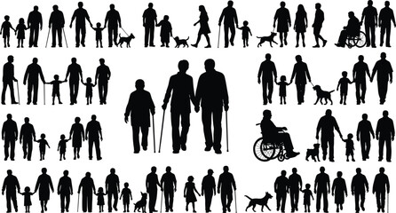 silhouette people collection, walking, wheelchair users, cane support, dog walking, family interaction, diverse mobility, lifestyle theme, human connection, design background illustration