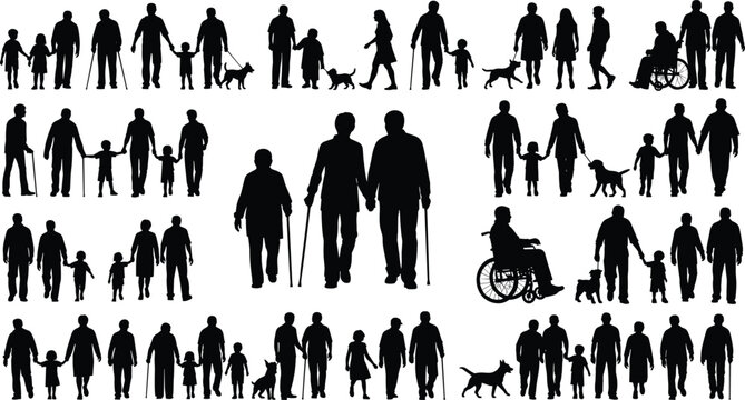 silhouette people collection, walking, wheelchair users, cane support, dog walking, family interaction, diverse mobility, lifestyle theme, human connection, design background illustration