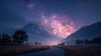 Fototapeta premium Majestic Mountain Landscape with Fireworks and Starry Night Sky