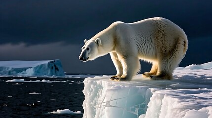 Polar bear looking over cliff dramatic side lighting cinematic composition detailed ice textures