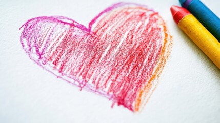 Close-up of a crayon-drawn heart with uneven strokes on white paper, showing childlike creativity and warmth