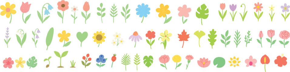 Colorful Flower and Leaf Icon Set – Spring Botanical, Cute Floral, Nature Plant, Pastel Vector Clipart