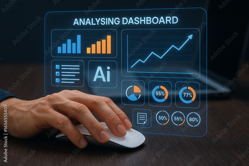 Poster hand using a computer mouse on a virtual dashboard with graphs and charts, representing data analysi