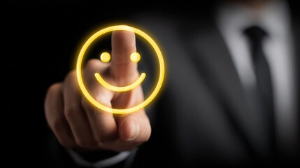 Close-up of a hand in a suit selecting a glowing, positive feedback smiley face symbol on a dark background