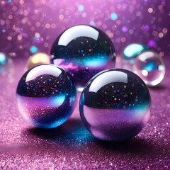 Macro Image of Holographic Spheres on Glitter Background 