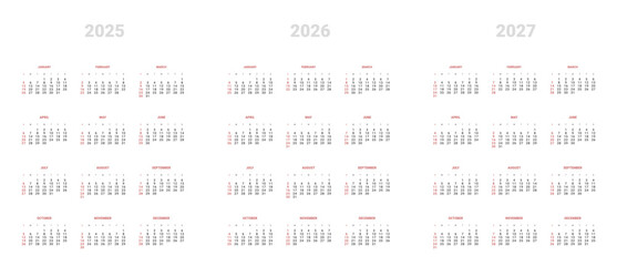 Set of annual Calendar Templates 2026, 2027, 2028. Vector layout of wall or desk vertical simple calendar with week start on Sunday. Weekends highlighted in red. Page A4 in Minimal style for print