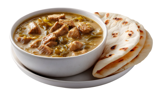 A hearty bowl of authentic Colorado Green Chili, a savory pork and green chile stew, served with warm flour tortillas. An isolated shot for regional menus.