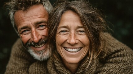 Close-up of a happy older couple, smiling warmly, close together