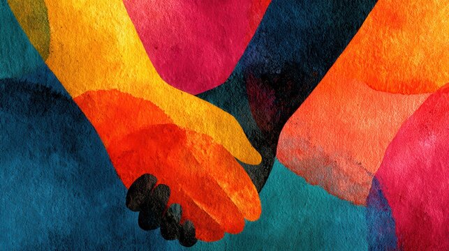 Naklejki Watercolor Illustration of Two Hands Holding Each Other, Colorful Abstract Art