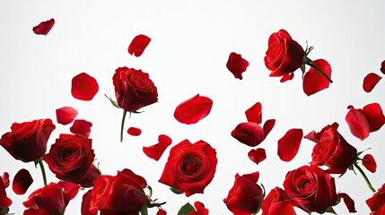 Red roses falling gracefully onto a white background, frozen in motion for an elegant and dramatic effect