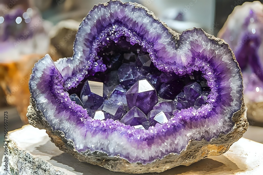 Poster purple amethyst geode crystal formation with concentric bands of color from deep violet center to wh