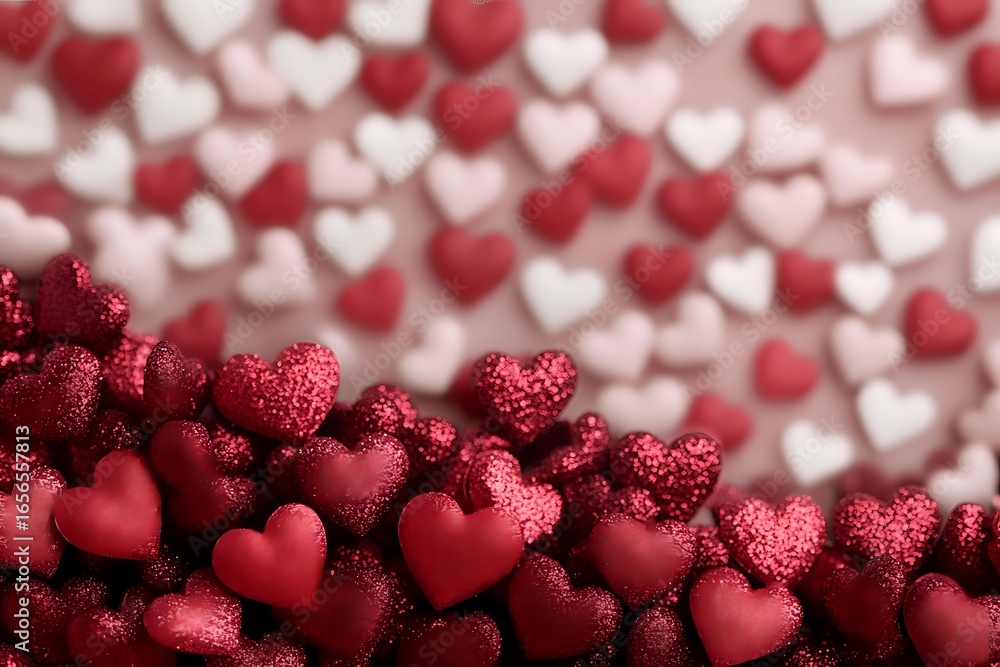 Poster red and white glittery hearts creating romantic bokeh background pattern with selective focus on shi