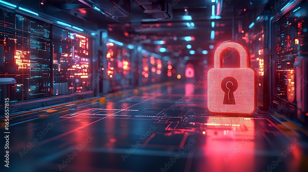 Poster glowing padlock icon in futuristic digital environment with red and blue neon lights, circuit patter