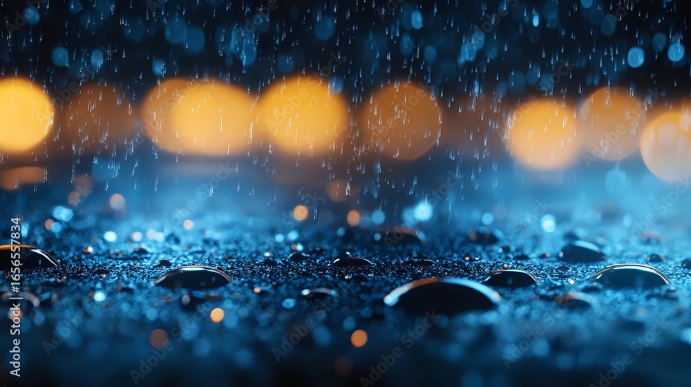 Poster raindrops creating magical bokeh effect on dark wet surface with golden and blue lights reflecting i