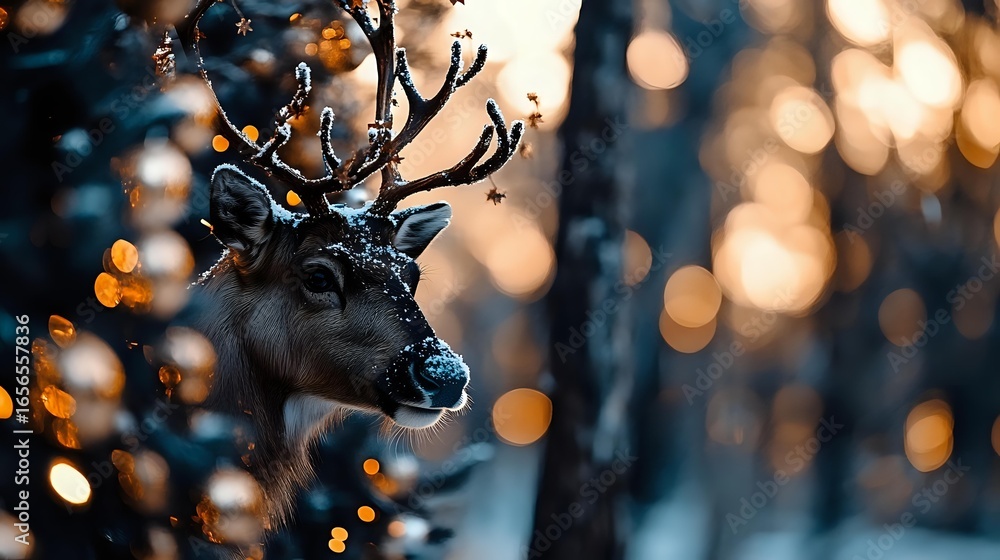 Poster majestic reindeer head in winter forest with blurred bokeh lights and dark moody atmosphere creating
