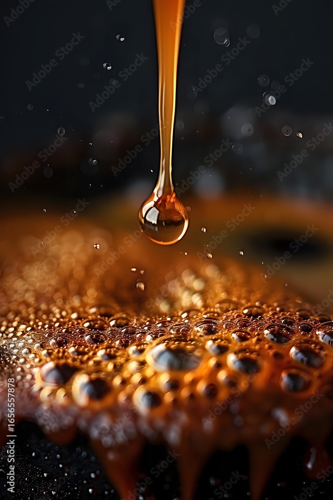 Poster golden liquid drop falling onto textured surface with water droplets creating dramatic macro photogr