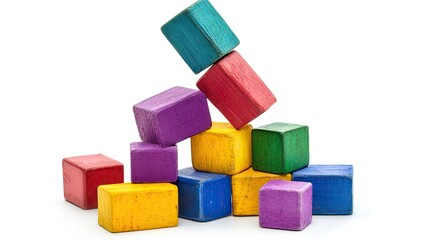 Tower of mixed colorful blocks partially toppled, isolated on white background, playful and dynamic stock photo idea
