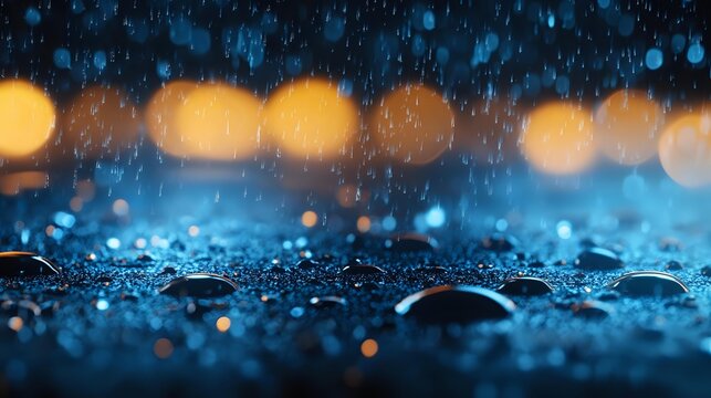 Raindrops creating magical bokeh effect on dark wet surface with golden and blue lights reflecting in water droplets during evening rainfall.