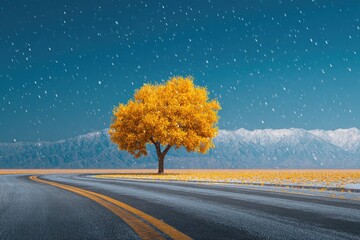 Golden tree on a road under a starry night sky