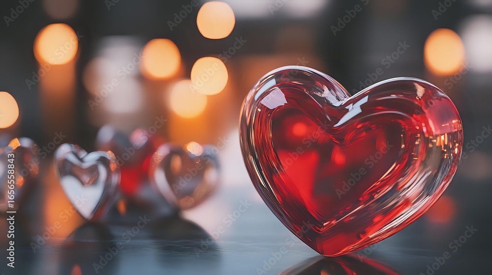 Poster red glass heart on reflective surface with soft bokeh lights in background creates romantic mood for